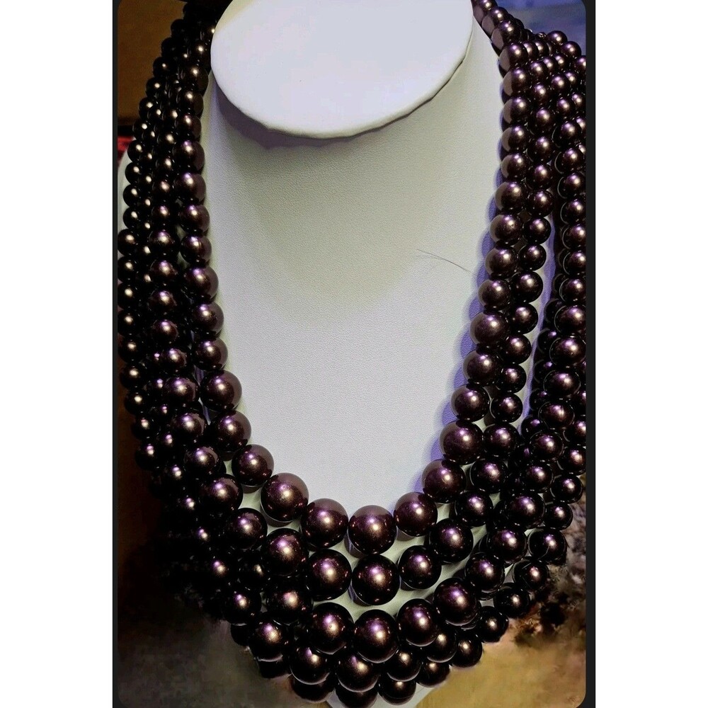 New Multi Strand Faux Pearl Necklace Plum Burgundy Purple Gold Tone Hardware